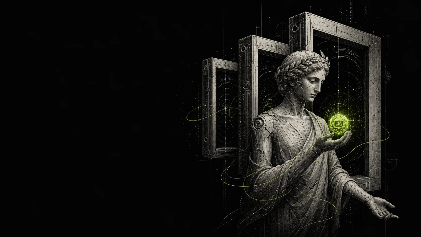 A classical figure crossing a digital threshold